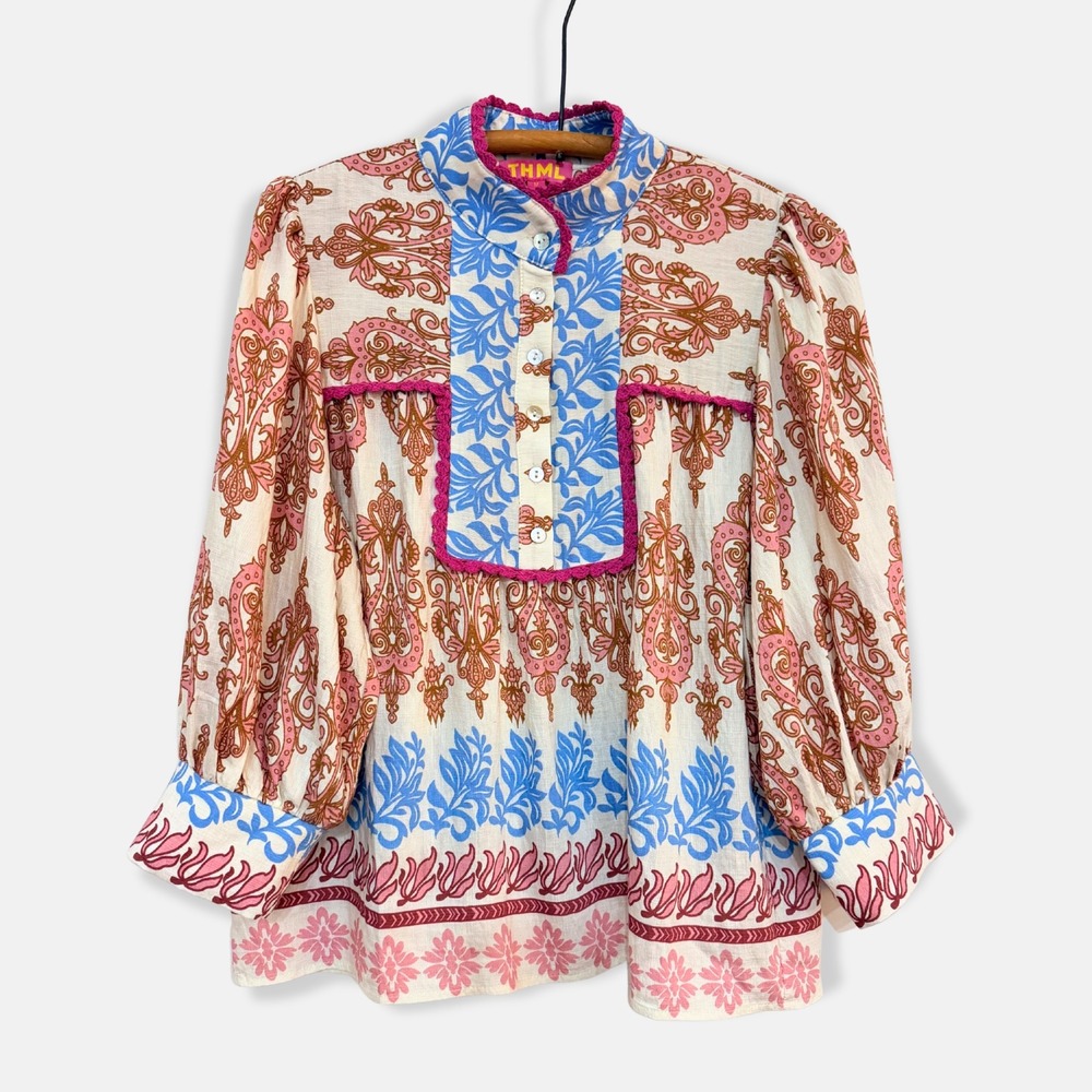 THML Rachel Print Blouse Crochet Trim Mixed Print Balloon Sleeve Medium Boho